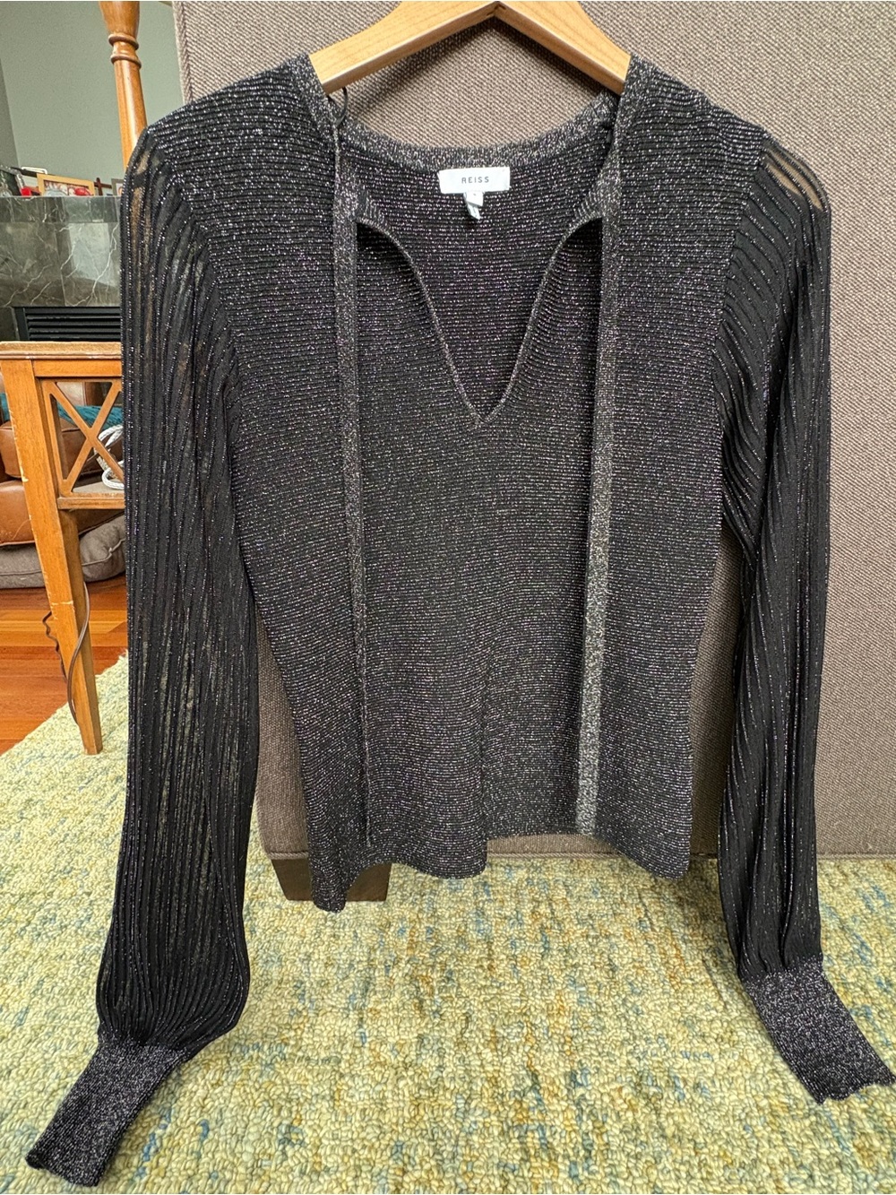 Reiss Black Metallic V-Neck Pullover with Sheer Pleated Sleeves for Holiday